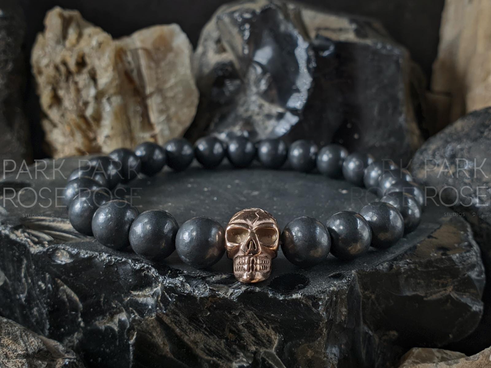 Russian Shungite Stainless Steel or 925 Sterling Silver Skull Bracelet (8mm)