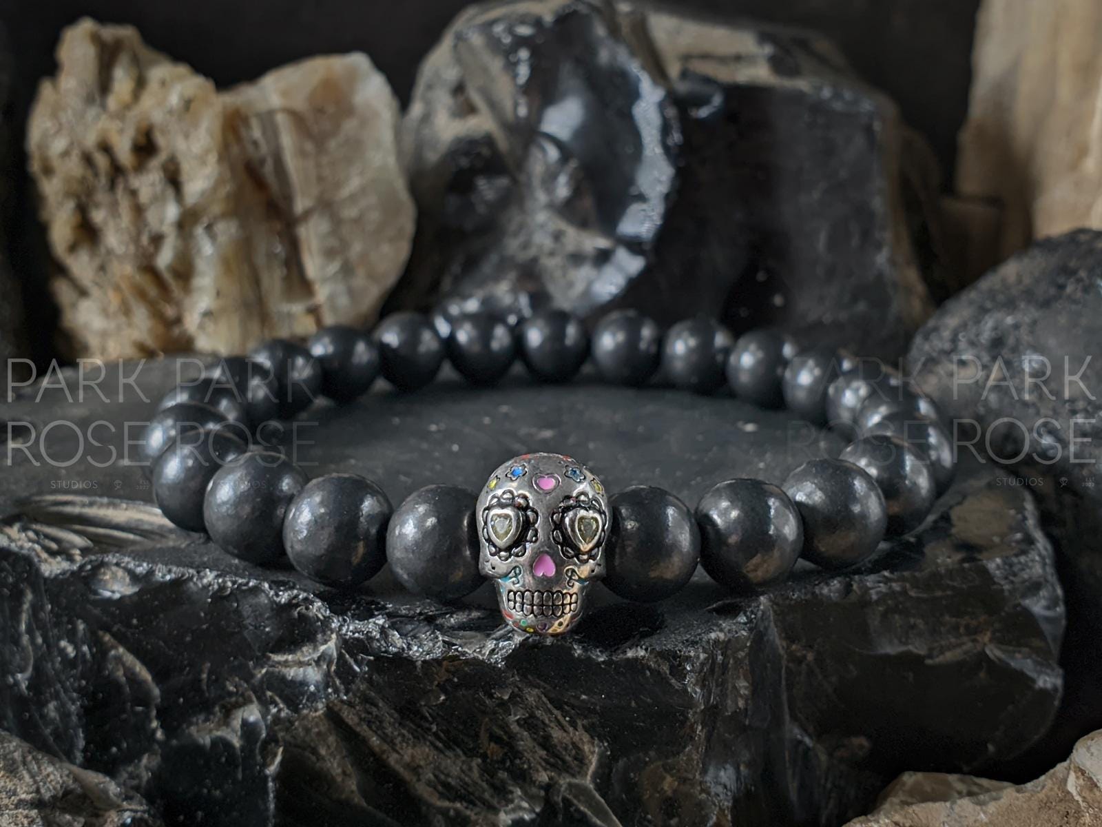 Russian Shungite Stainless Steel or 925 Sterling Silver Skull Bracelet (8mm)