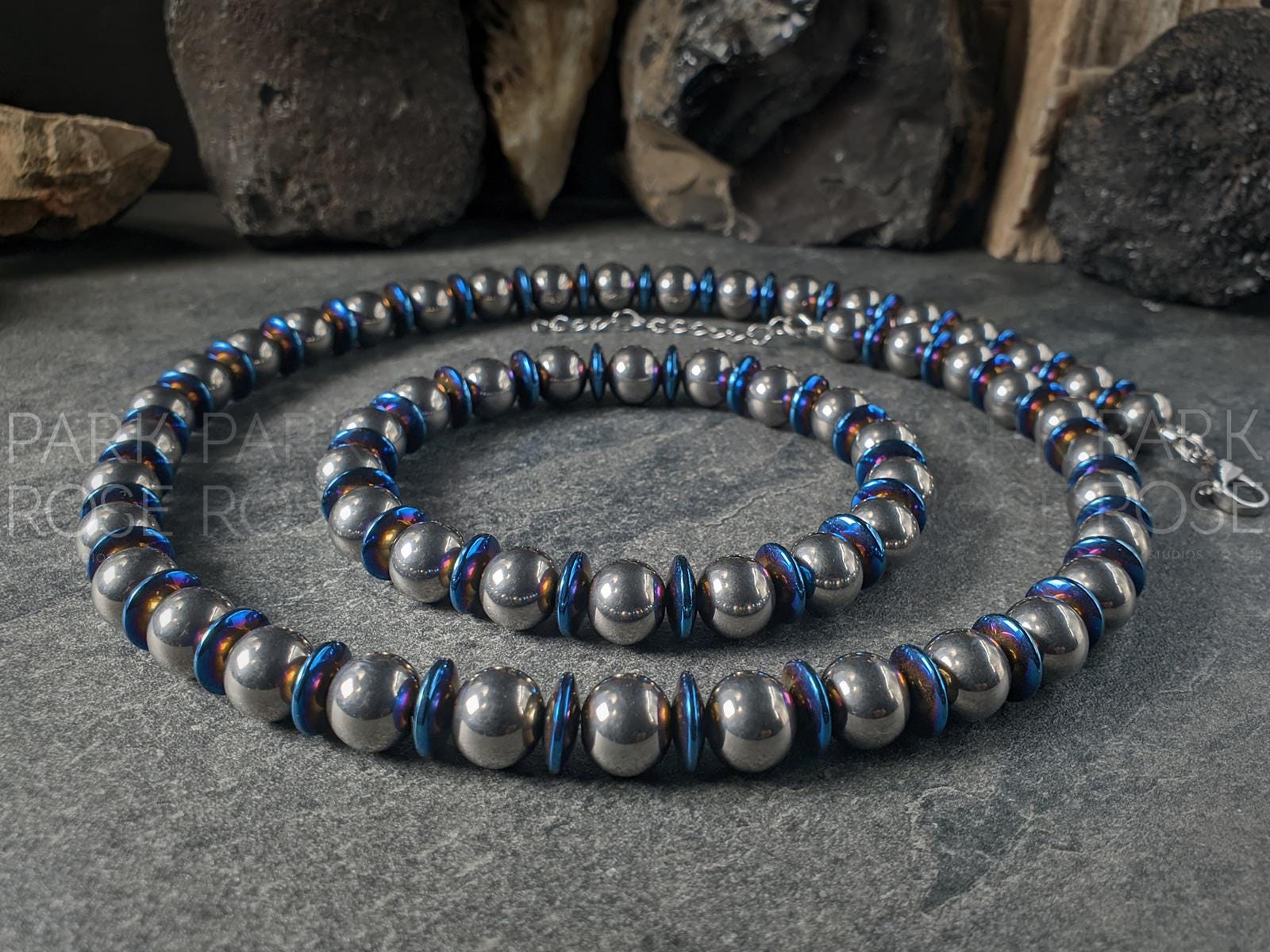 Bundle: Blue Hematite Titanium Bracelet Necklace Set, Grade 2 Titanium (10mm)