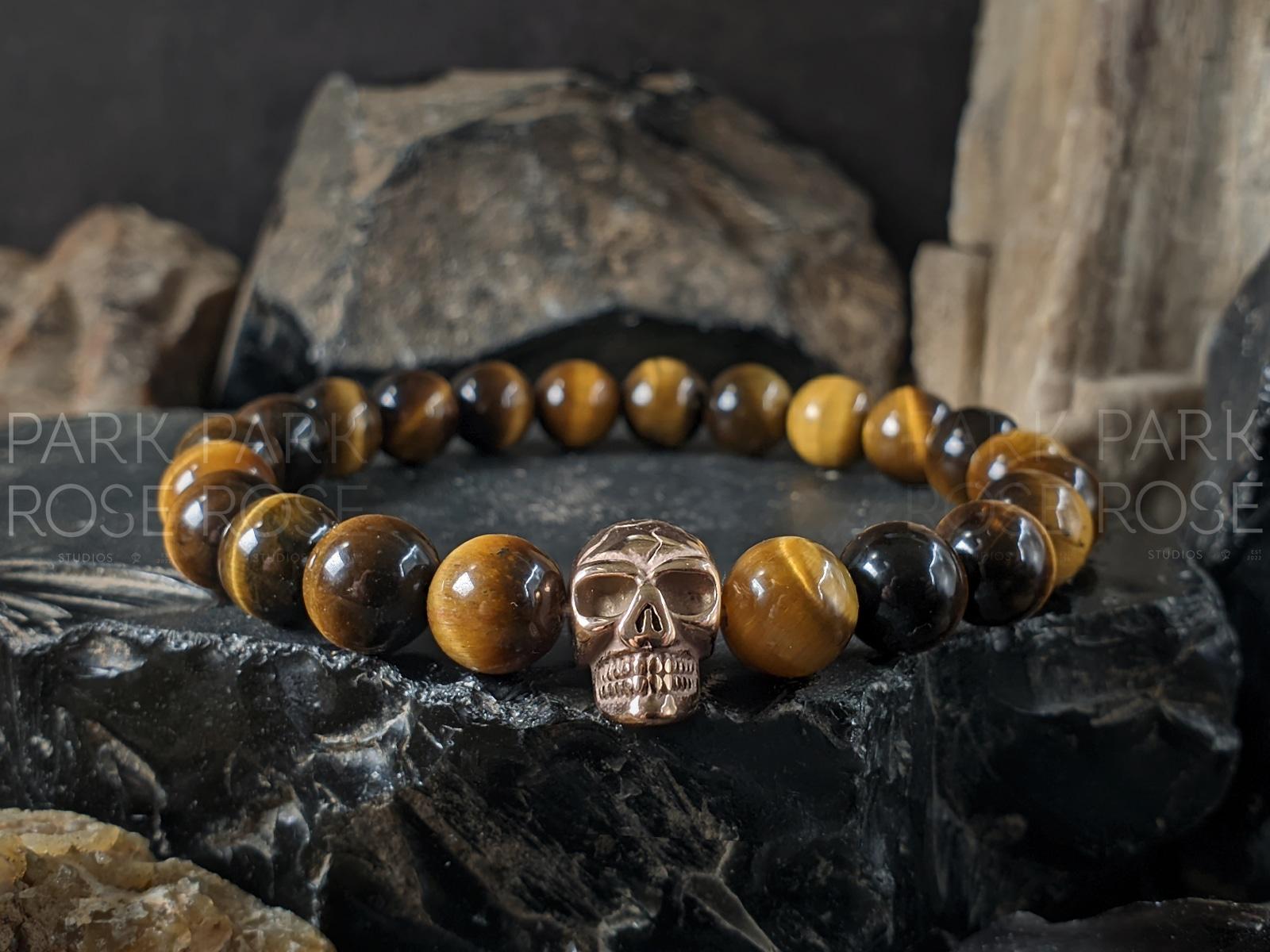Yellow Tiger's Eye Stainless Steel Skull Bracelet in Black, Gold or Rose Gold (8mm)