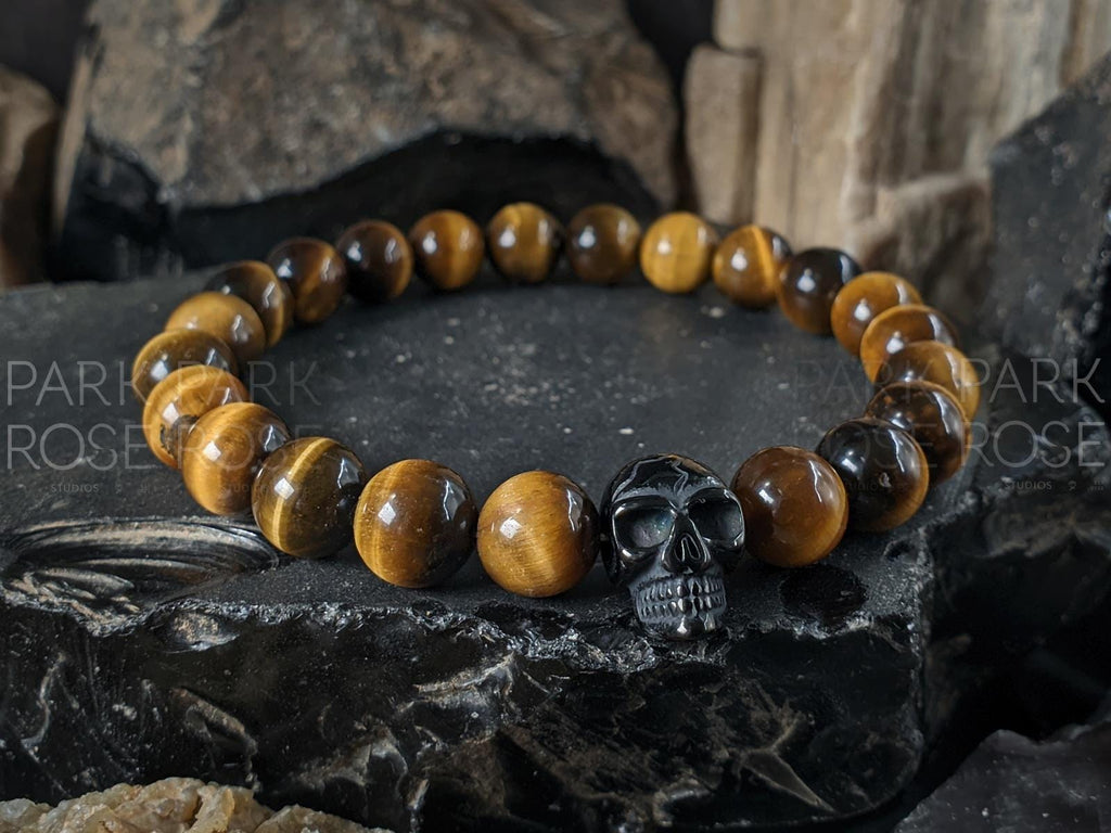 Yellow Tiger's Eye Stainless Steel Skull Bracelet in Black, Gold or Rose Gold (8mm)