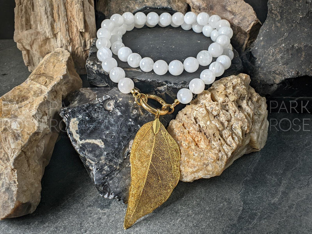Moonstone Necklace: Gold or Silver Leaf Pendant, Spring Gate Clasp