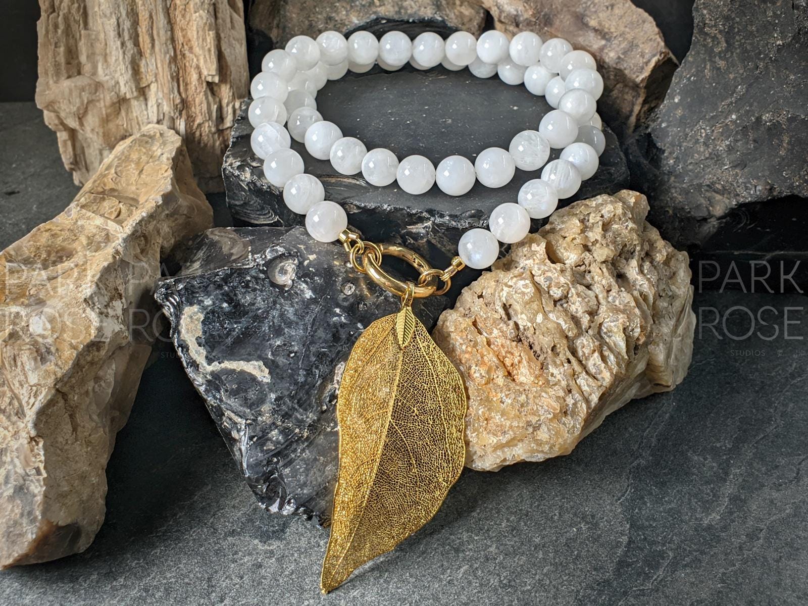 Moonstone Necklace: Gold or Silver Leaf Pendant, Spring Gate Clasp