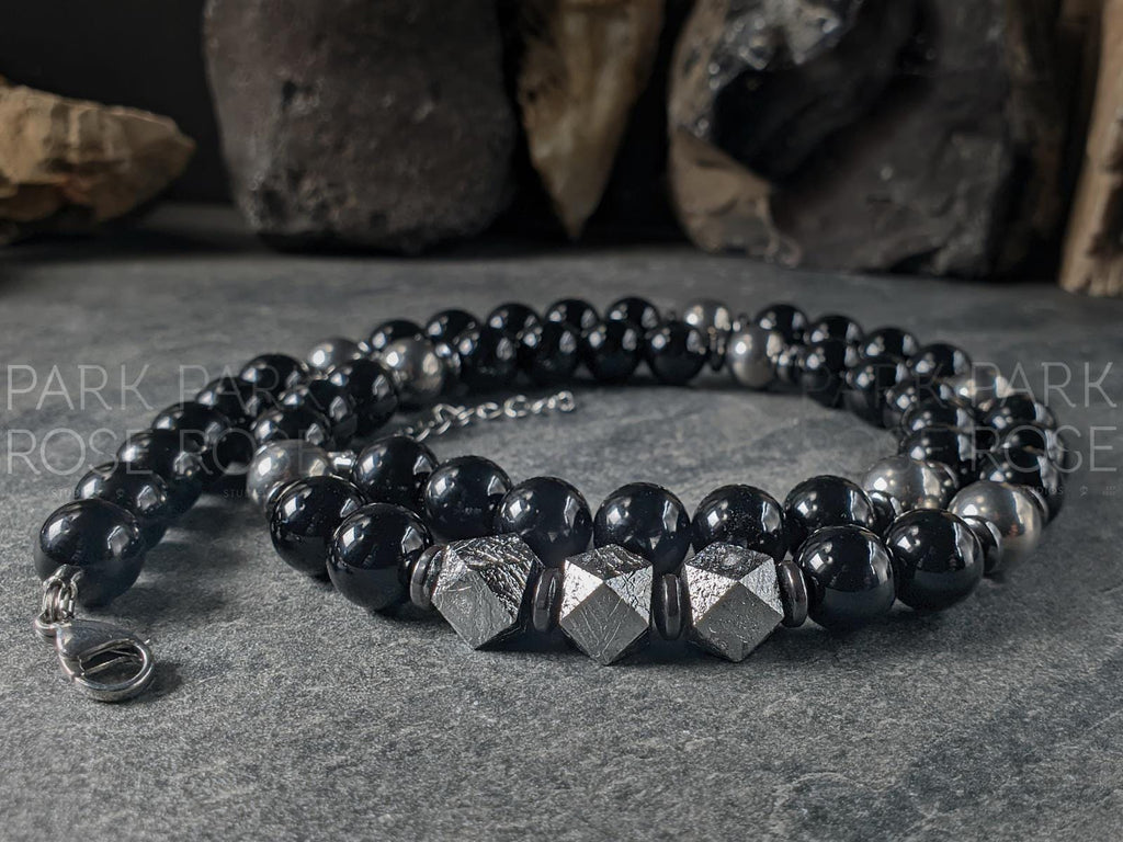 Uruguay Black Onyx, Titanium, Meteorite, Hematite Necklace (10mm)