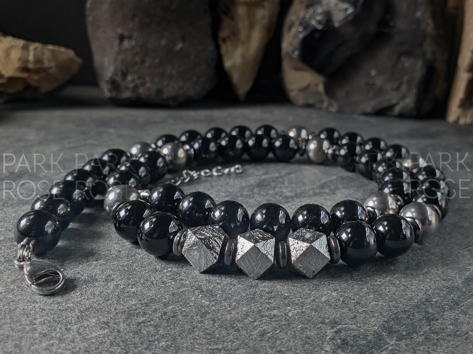 Uruguay Black Onyx, Titanium, Meteorite, Hematite Necklace (10mm)