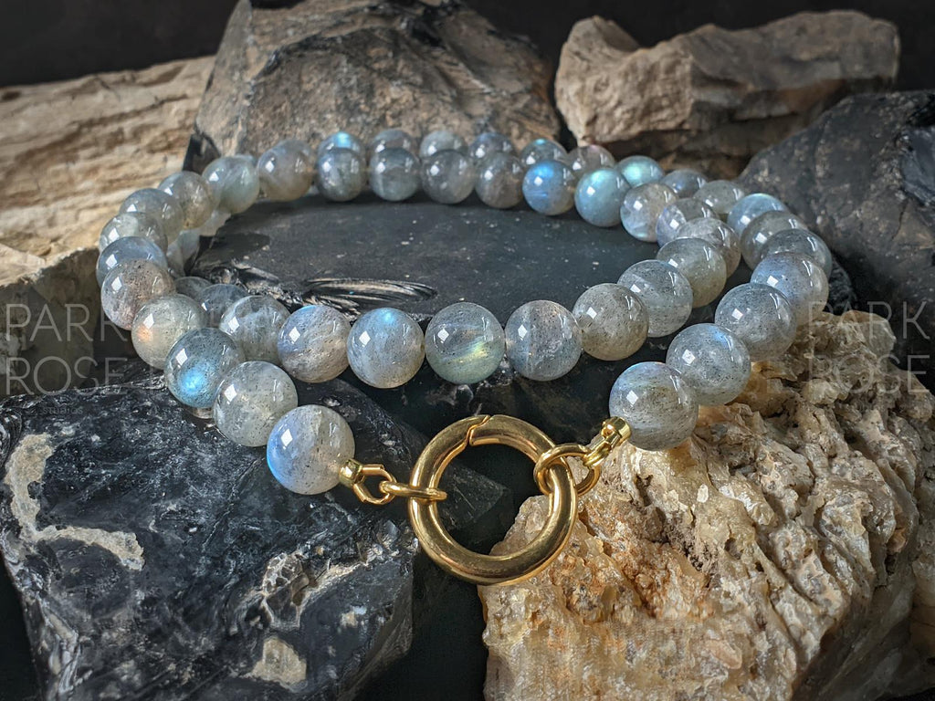 Madagascar Flash Labradorite Stainless Steel Carabiner Necklace (10mm)