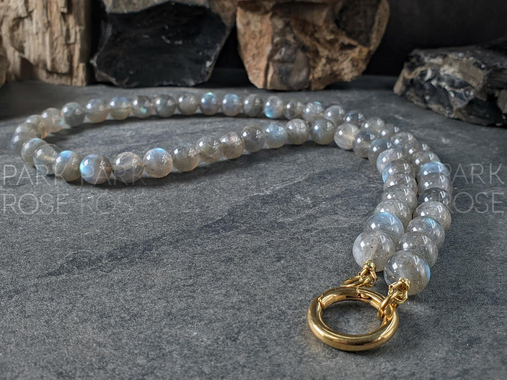 Madagascar Flash Labradorite Stainless Steel Carabiner Necklace (10mm)