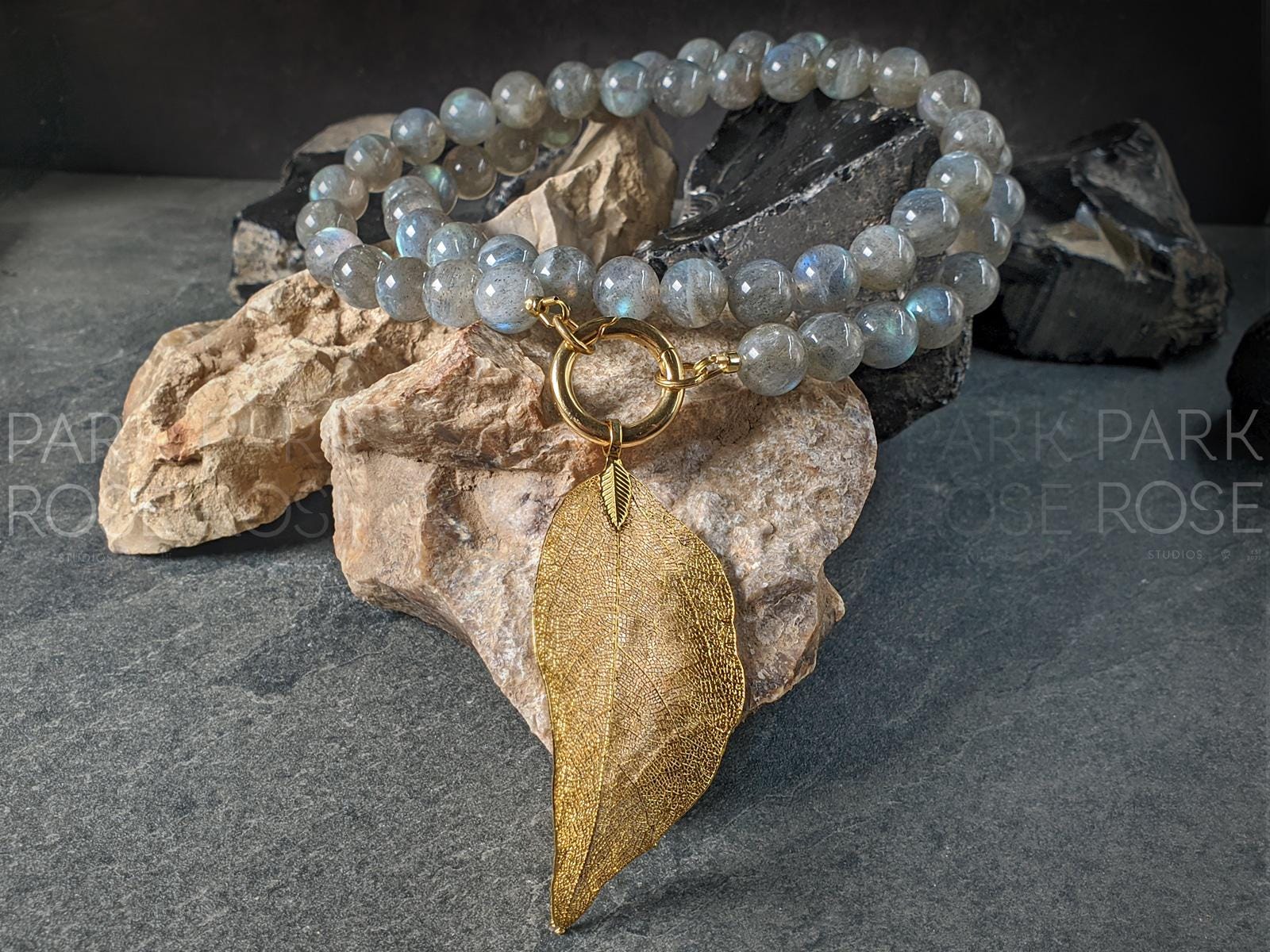 Madagascar Flash Labradorite Necklace: Gold or Silver Leaf Pendant (10mm)