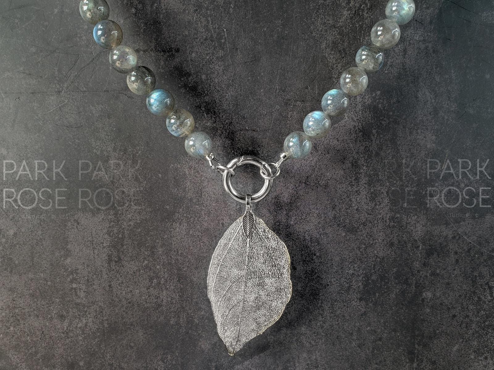 Madagascar Flash Labradorite Necklace: Gold or Silver Leaf Pendant (10mm)