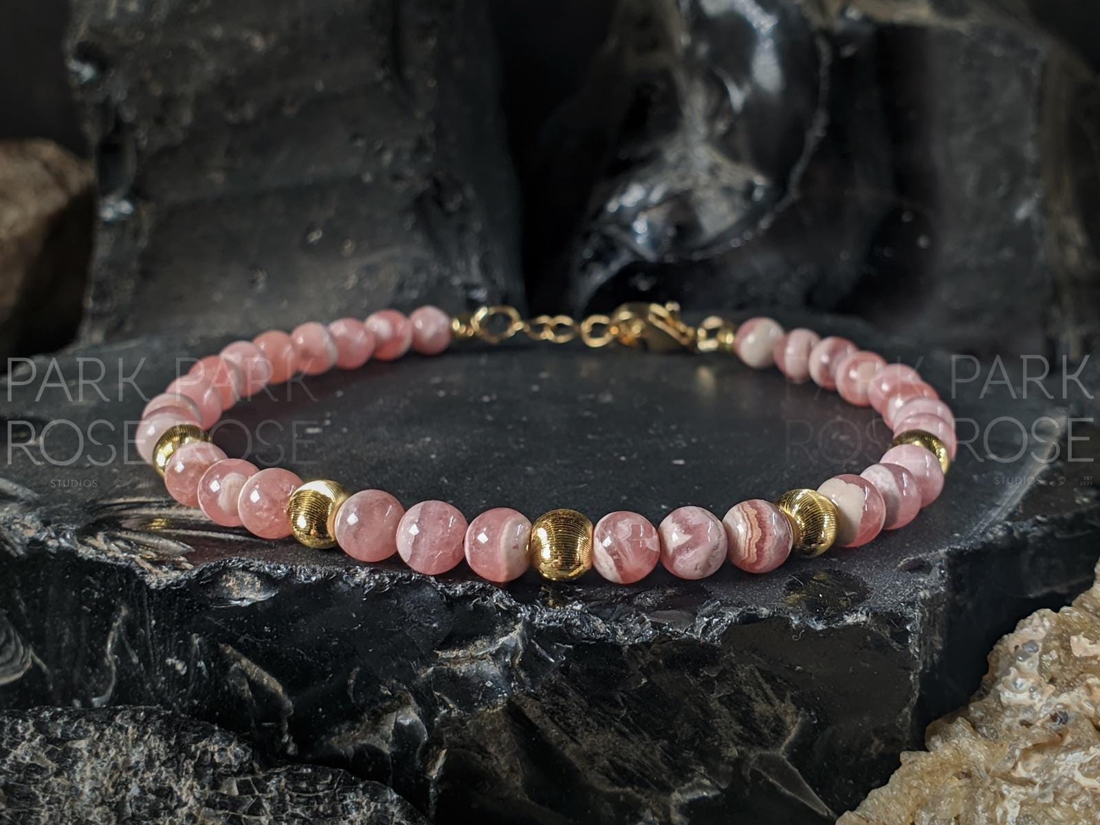 Dainty Argentinian Rhodochrosite Bracelet: 24K Solid Gold Cat Eye Bead (5mm)