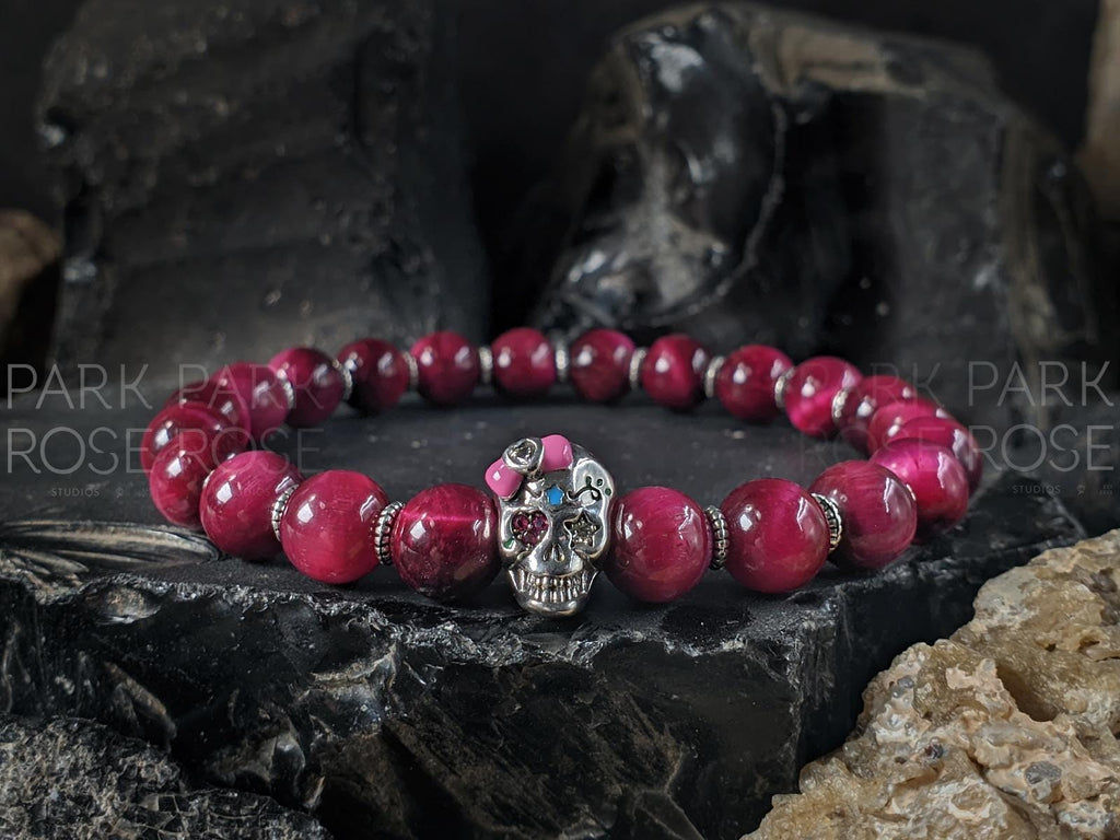 Sugar Skull Bracelet: 925 Sterling Silver Skull with Pink Tiger's Eye, Tourmaline or Moonstone (8mm)