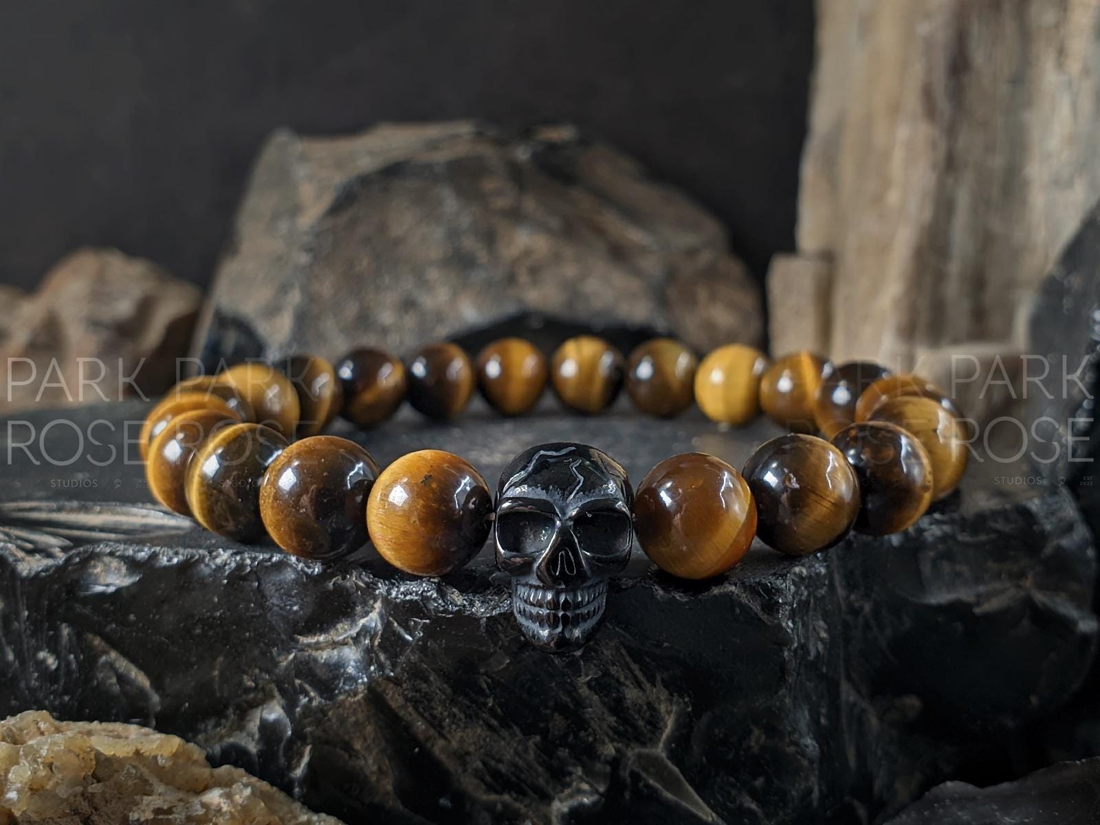 Yellow Tiger's Eye Stainless Steel Skull Bracelet in Black, Gold or Rose Gold (8mm)