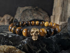 Yellow Tiger's Eye Stainless Steel Skull Bracelet in Black, Gold or Rose Gold (8mm)