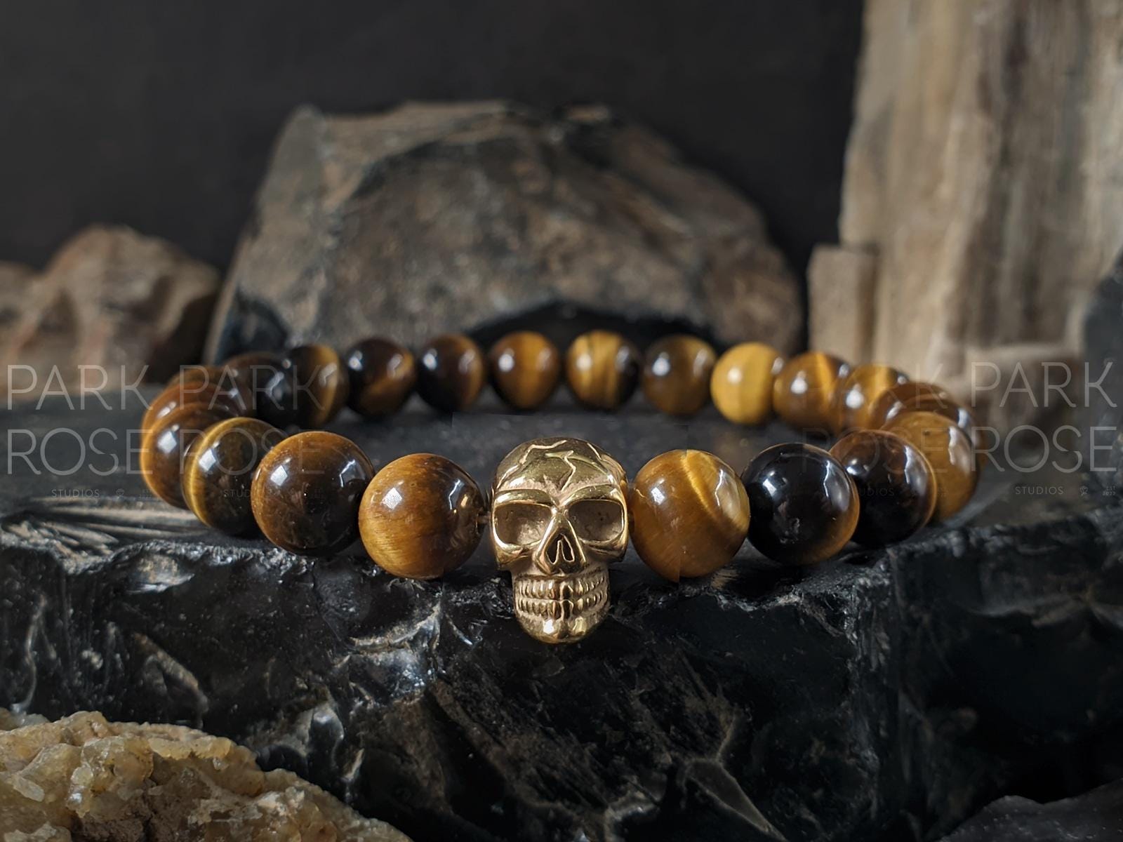 Yellow Tiger's Eye Stainless Steel Skull Bracelet in Black, Gold or Rose Gold (8mm)