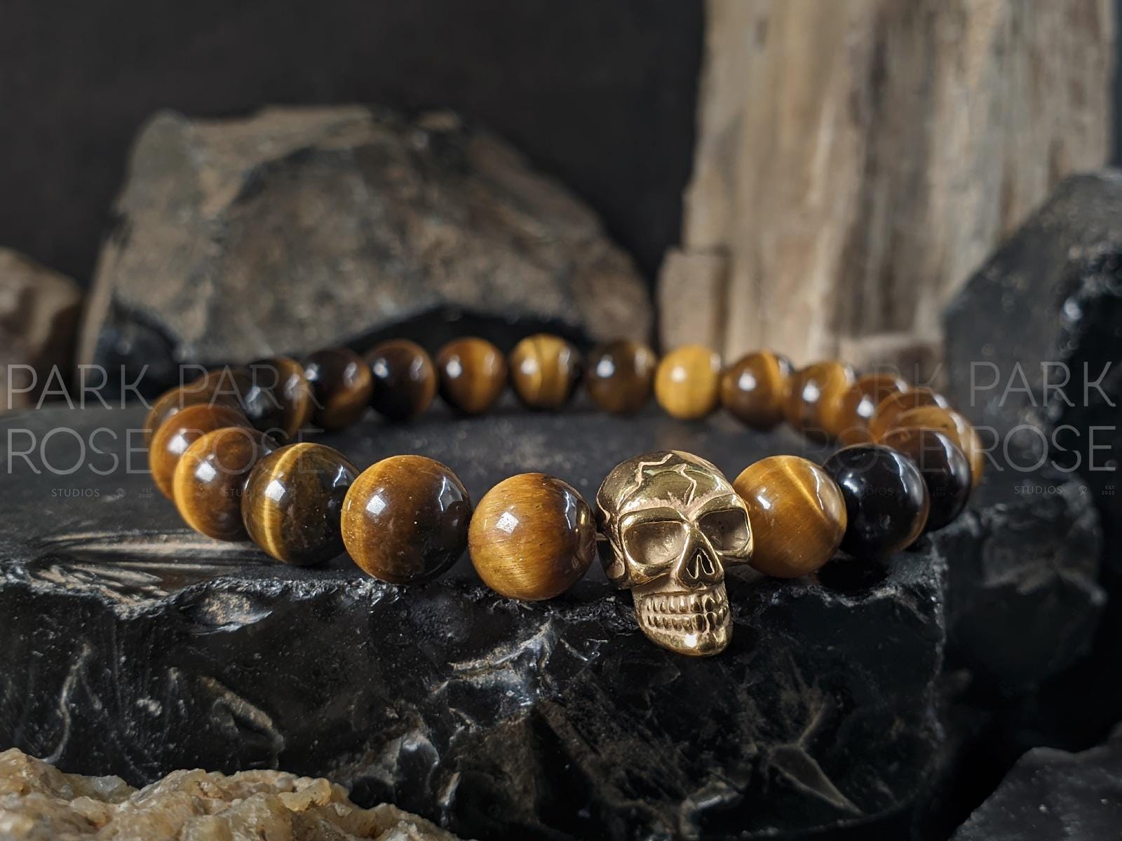 Yellow Tiger's Eye Stainless Steel Skull Bracelet in Black, Gold or Rose Gold (8mm)