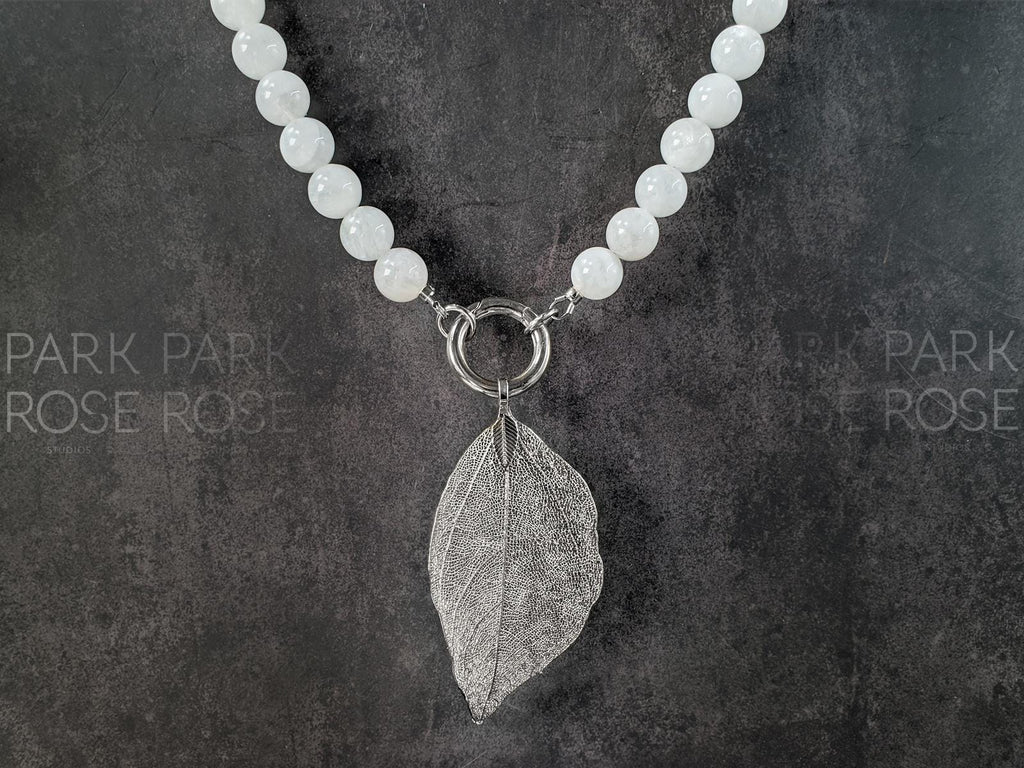 Moonstone Necklace: Gold or Silver Leaf Pendant, Spring Gate Clasp