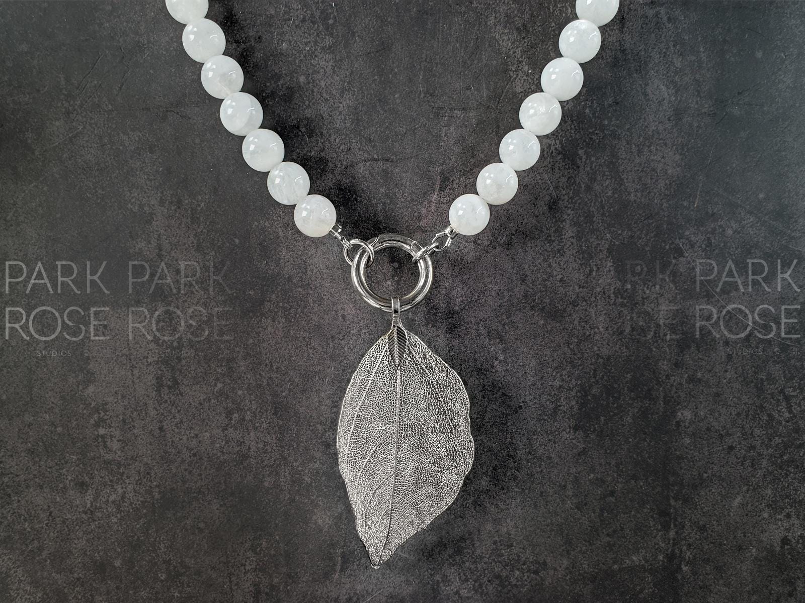 Moonstone Necklace: Gold or Silver Leaf Pendant, Spring Gate Clasp