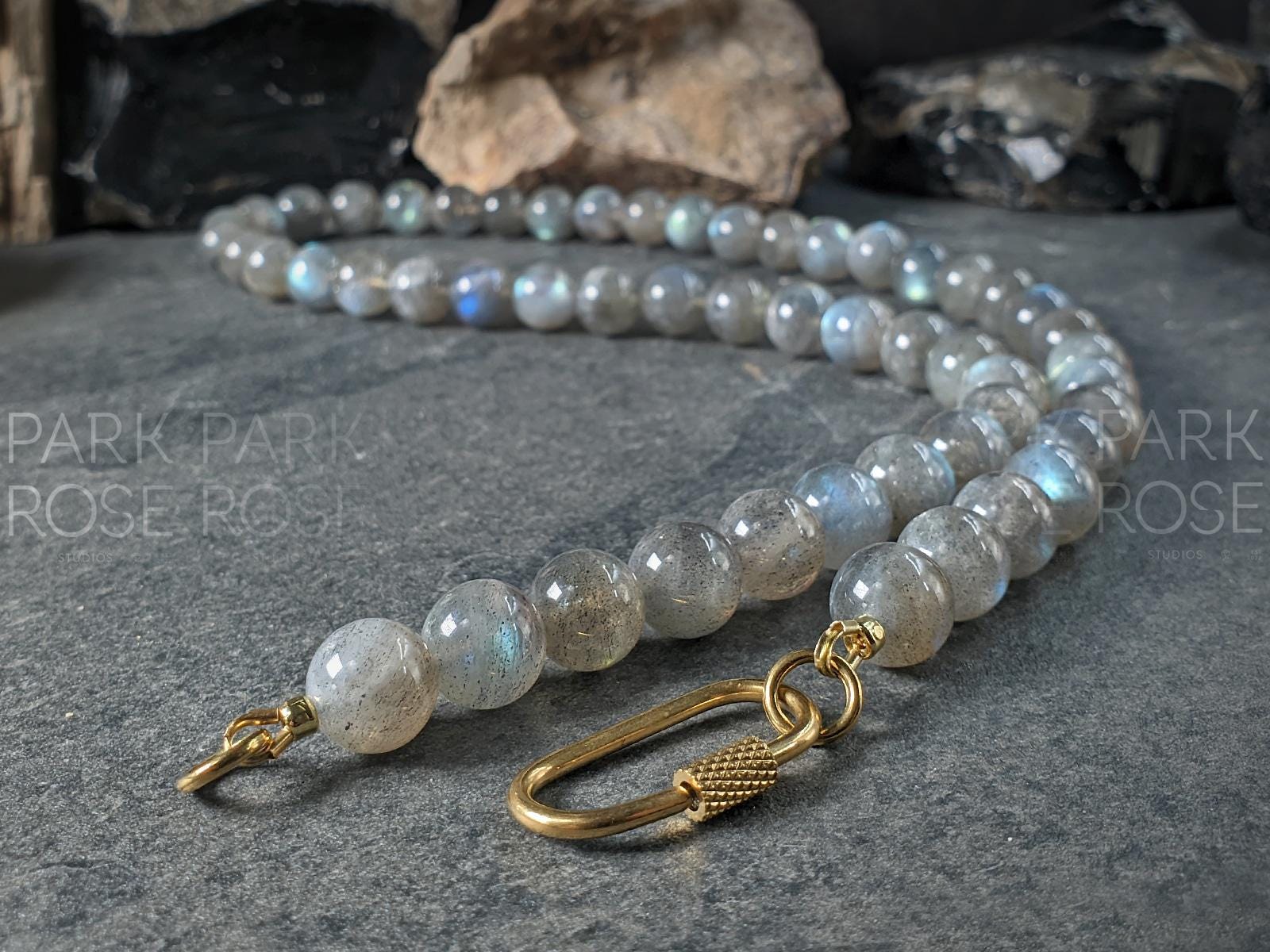 Madagascar Flash Labradorite Stainless Steel Carabiner Necklace (10mm)