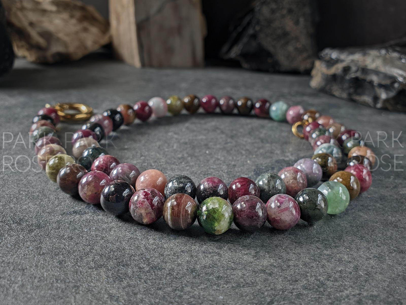 AAAAA Mixed Tourmaline Beaded Carabiner Necklace (8mm)