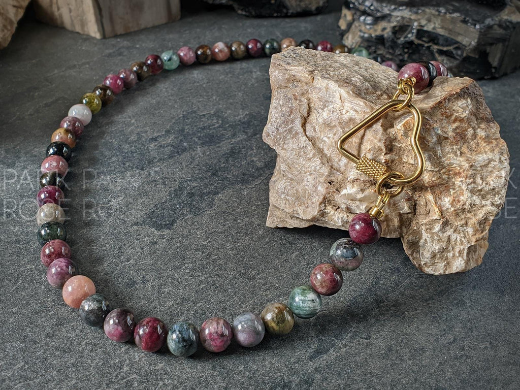 AAAAA Mixed Tourmaline Beaded Carabiner Necklace (8mm)