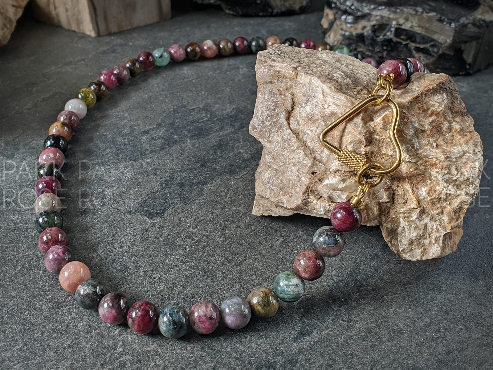 AAAAA Mixed Tourmaline Beaded Carabiner Necklace (8mm)