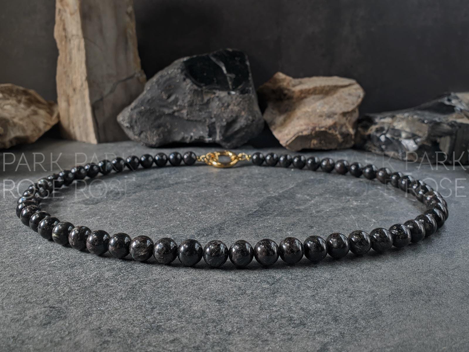 Natural Arfvedsonite Beaded Carabiner Necklace (8mm)
