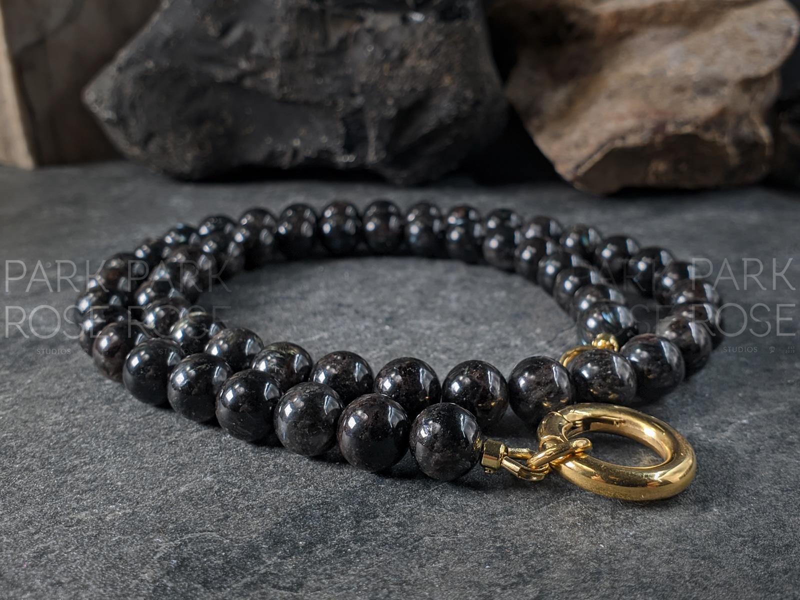 Natural Arfvedsonite Beaded Carabiner Necklace (8mm)
