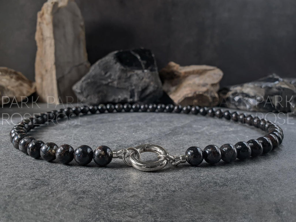 Natural Arfvedsonite Beaded Carabiner Necklace (8mm)