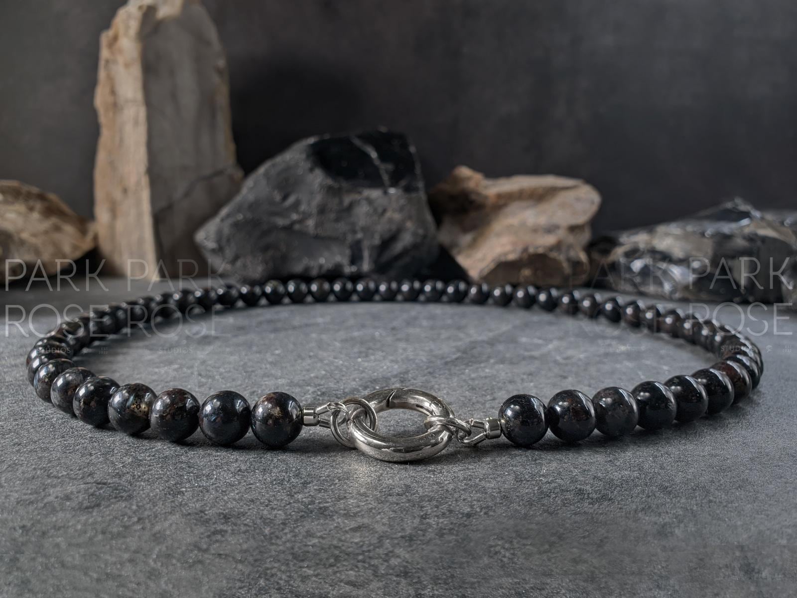 Natural Arfvedsonite Beaded Carabiner Necklace (8mm)