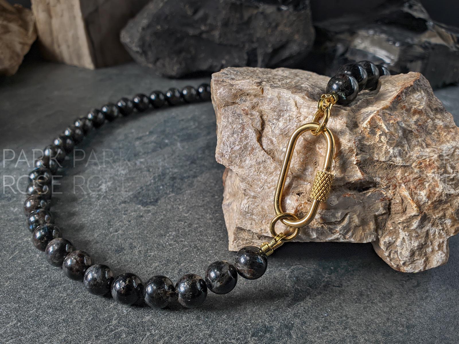 Natural Arfvedsonite Beaded Carabiner Necklace (8mm)