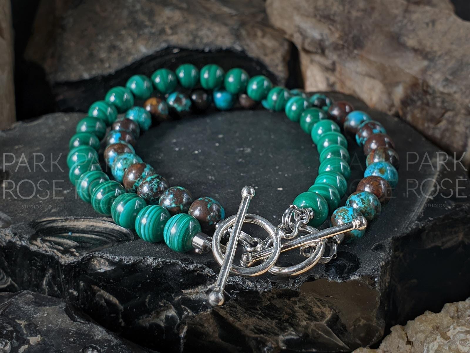 Peru Brown Chrysocolla Turquoise & Congo Malachite Bracelet Stack (6mm)