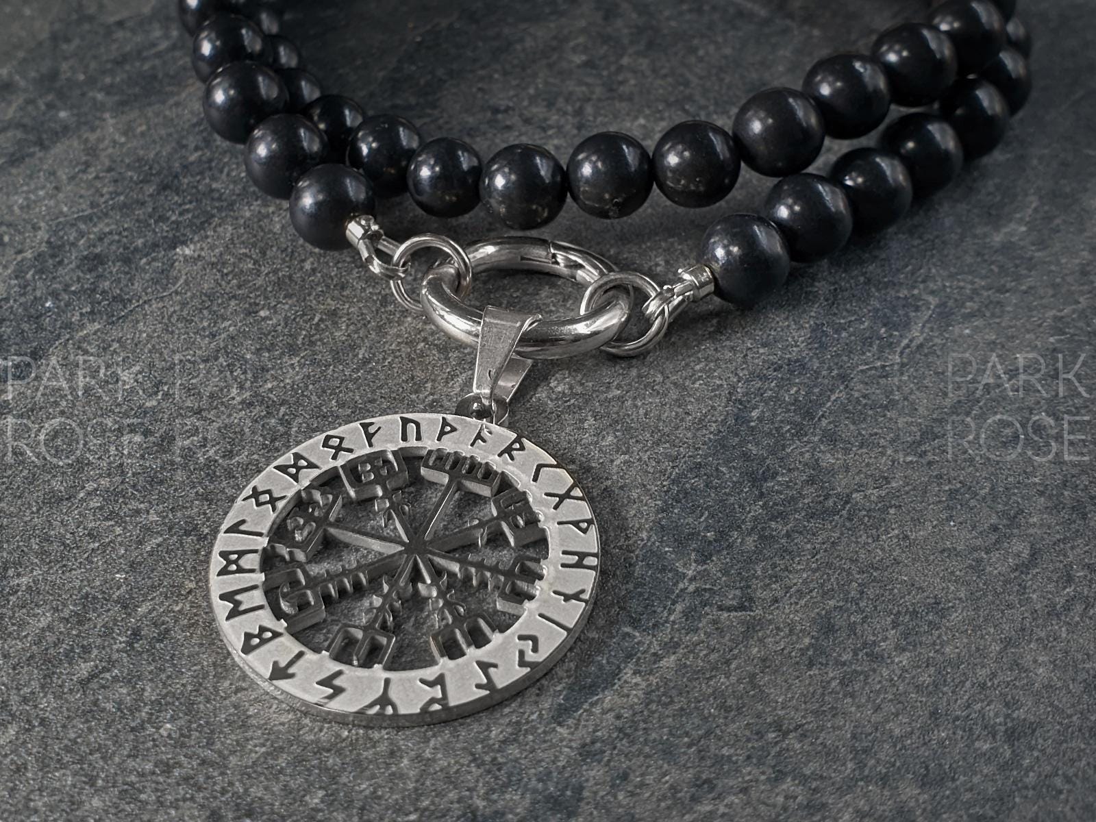 Norse Viking Compass Amulet Pendant Shungite Carabiner Necklace