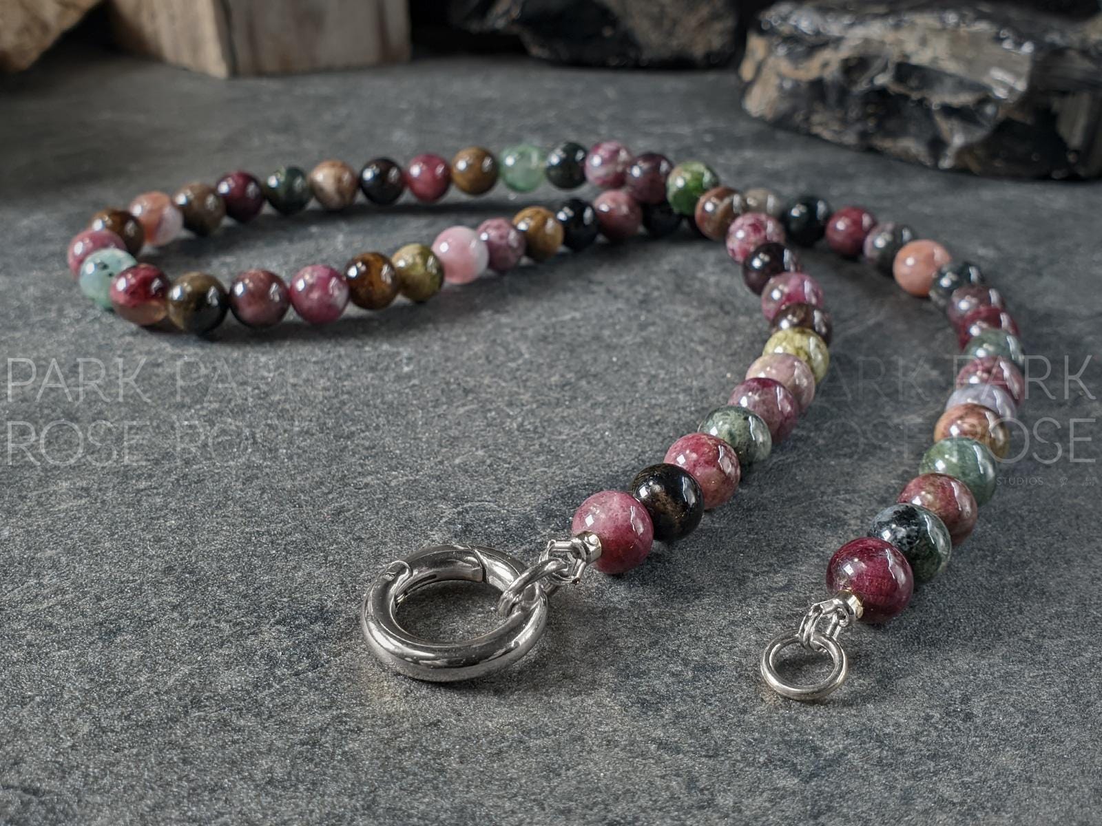 AAAAA Mixed Tourmaline Beaded Carabiner Necklace (8mm)