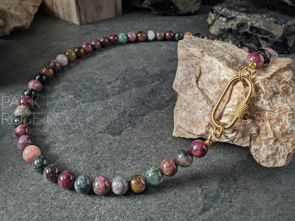 AAAAA Mixed Tourmaline Beaded Carabiner Necklace (8mm)