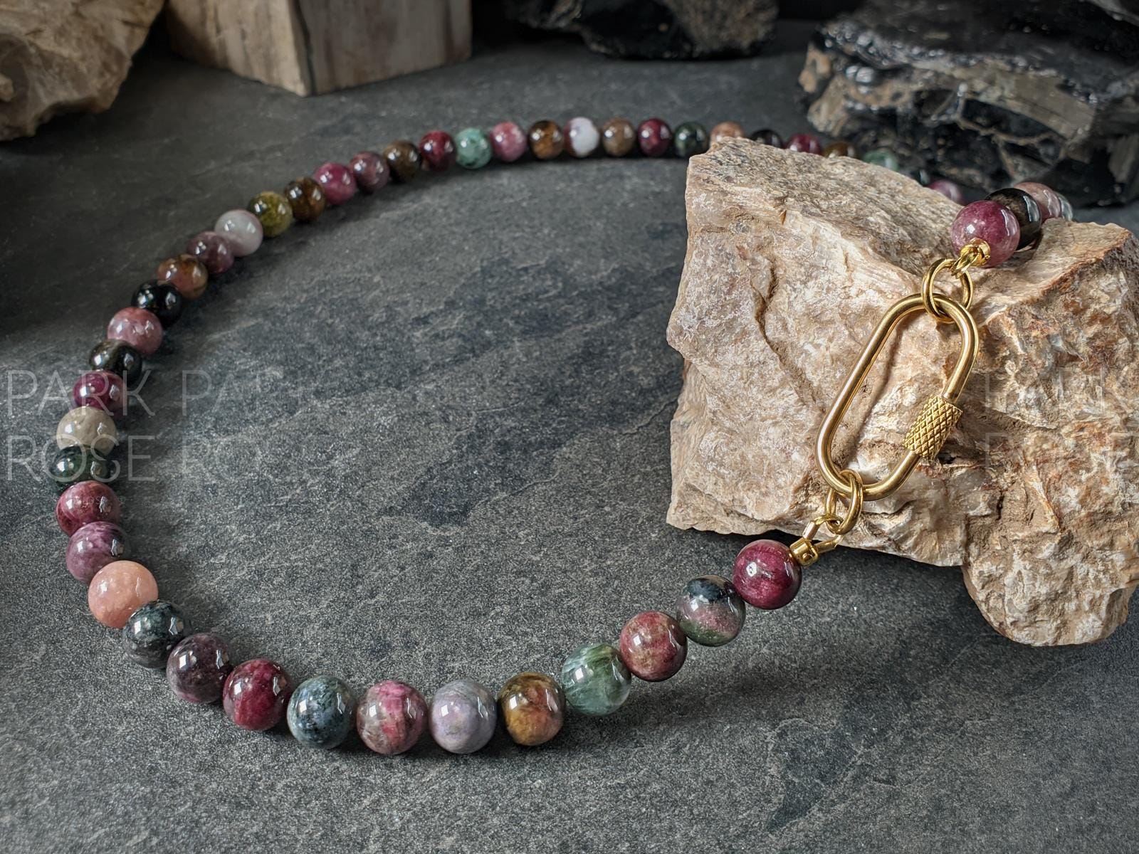 AAAAA Mixed Tourmaline Beaded Carabiner Necklace (8mm)