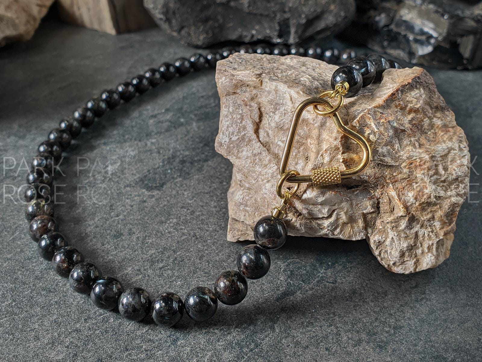 Natural Arfvedsonite Beaded Carabiner Necklace (8mm)
