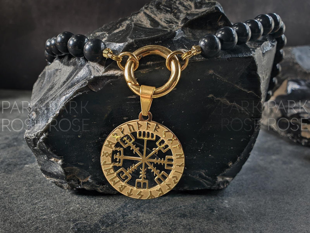 Norse Viking Compass Amulet Pendant Shungite Carabiner Necklace