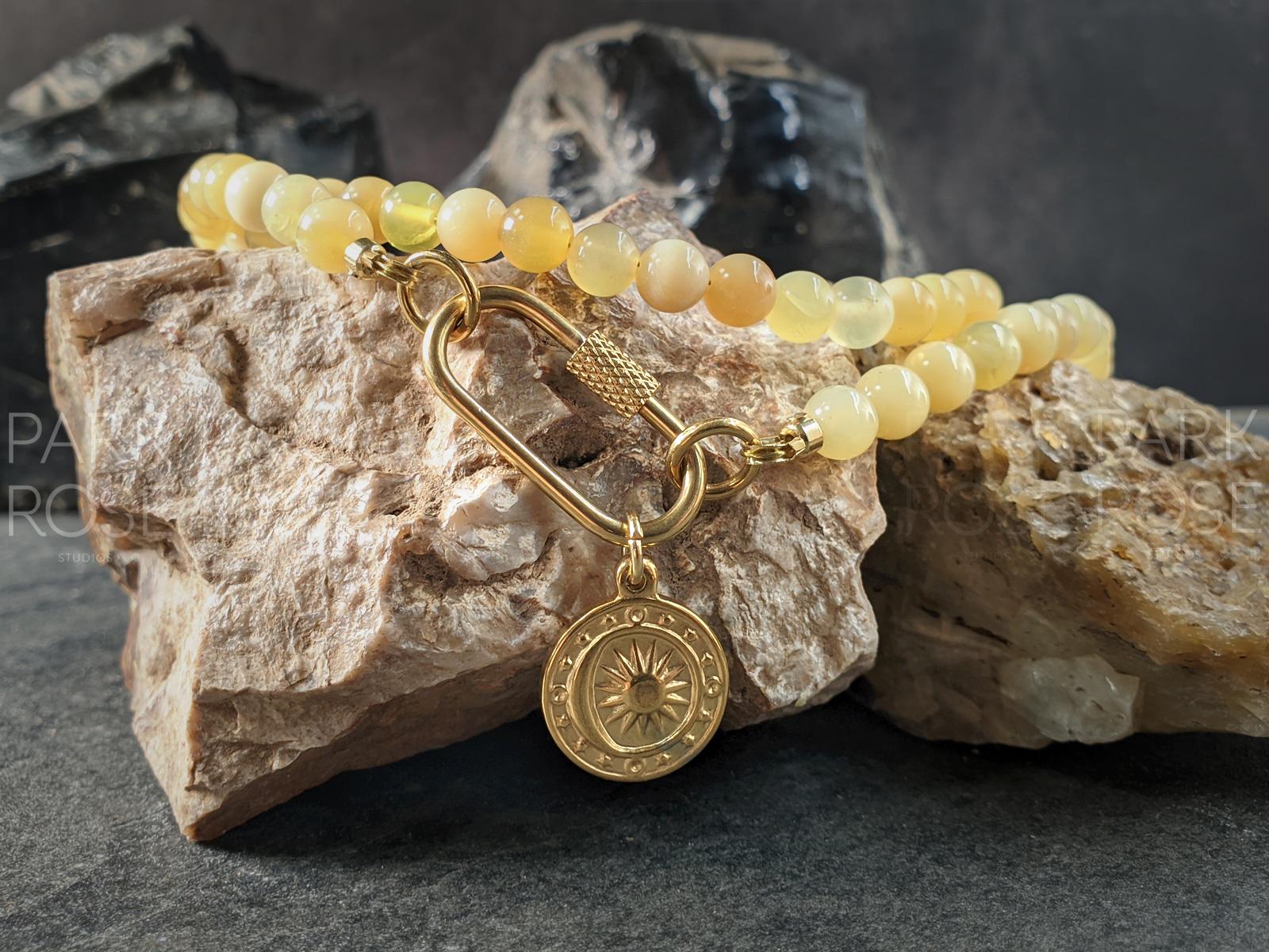 Australian Yellow Opal Carabiner Necklace With Medallion Charm