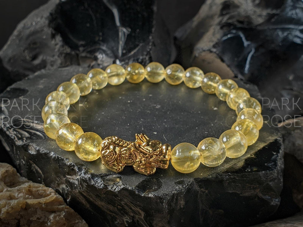 Natural Brazil Citrine: 24K Gold Plated Pixiu Bracelet (8mm)