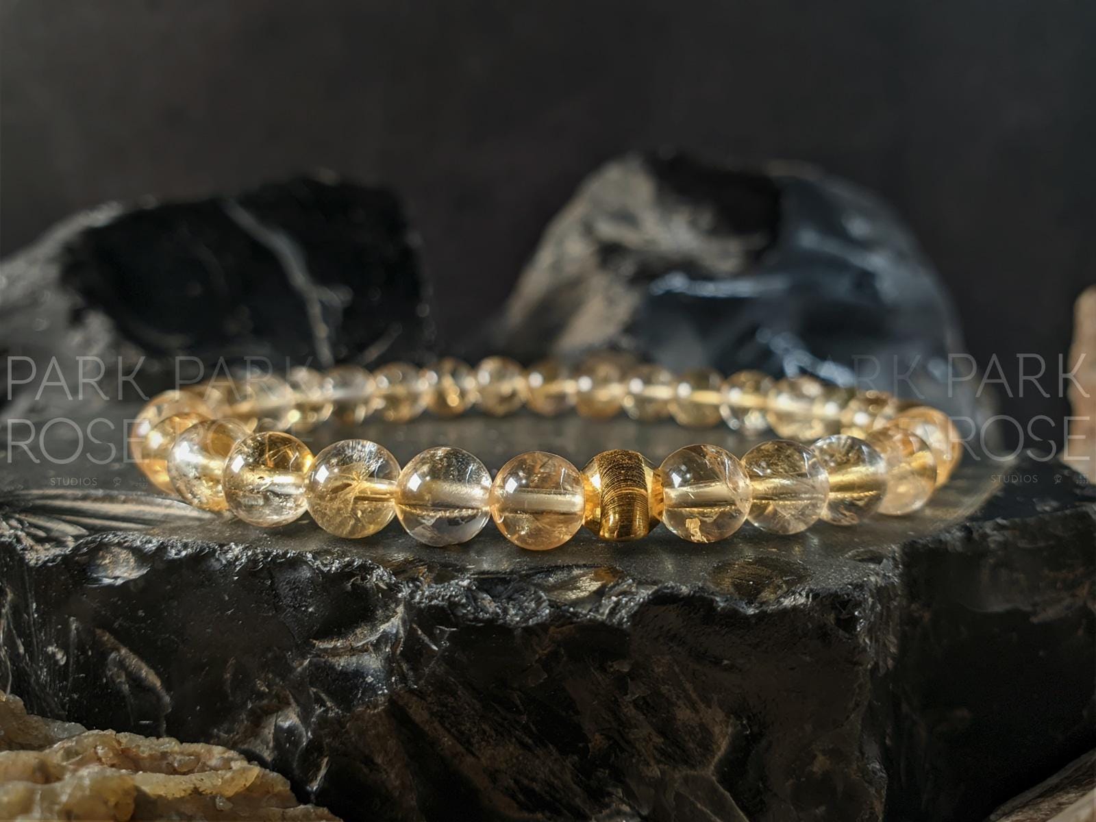 AAA Unheated Brazil Citrine Bracelet: 24K Gold Cat Eye Bead (6mm)