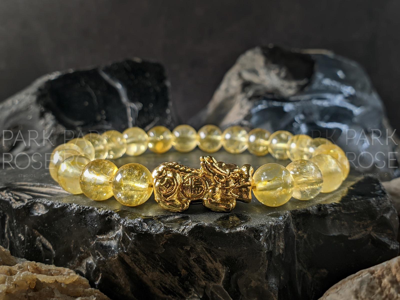 Natural Brazil Citrine: 24K Gold Plated Pixiu Bracelet (8mm)