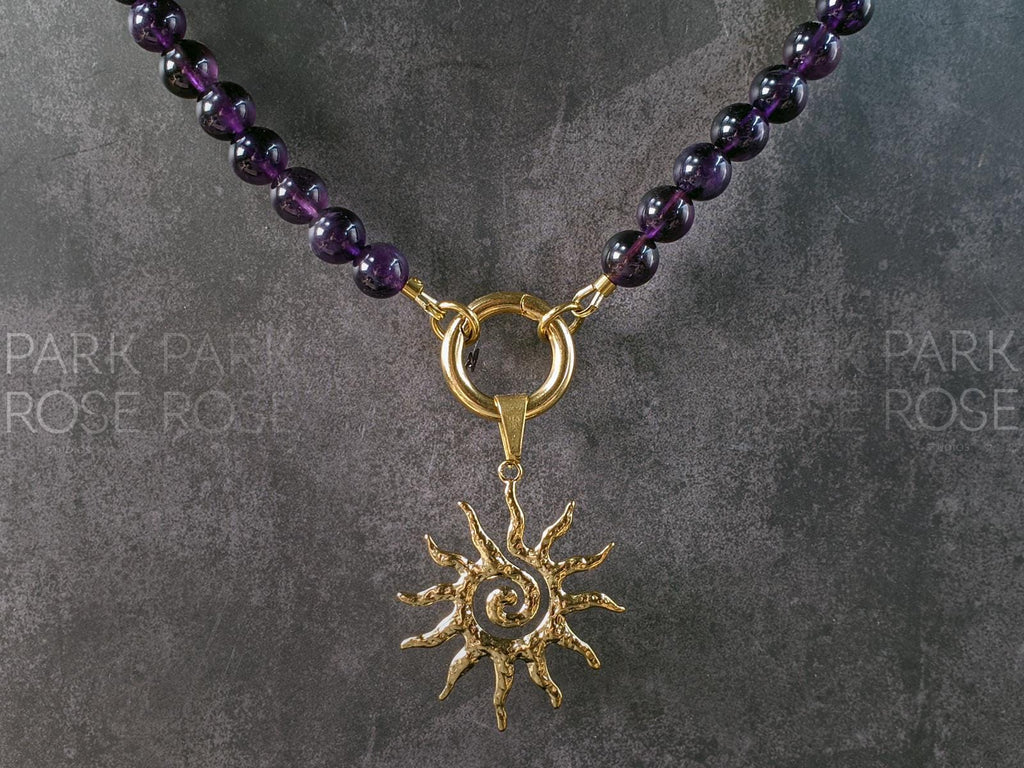 Sunburst Caribiner Necklace, Citrine or Amethyst, Sun Pendant
