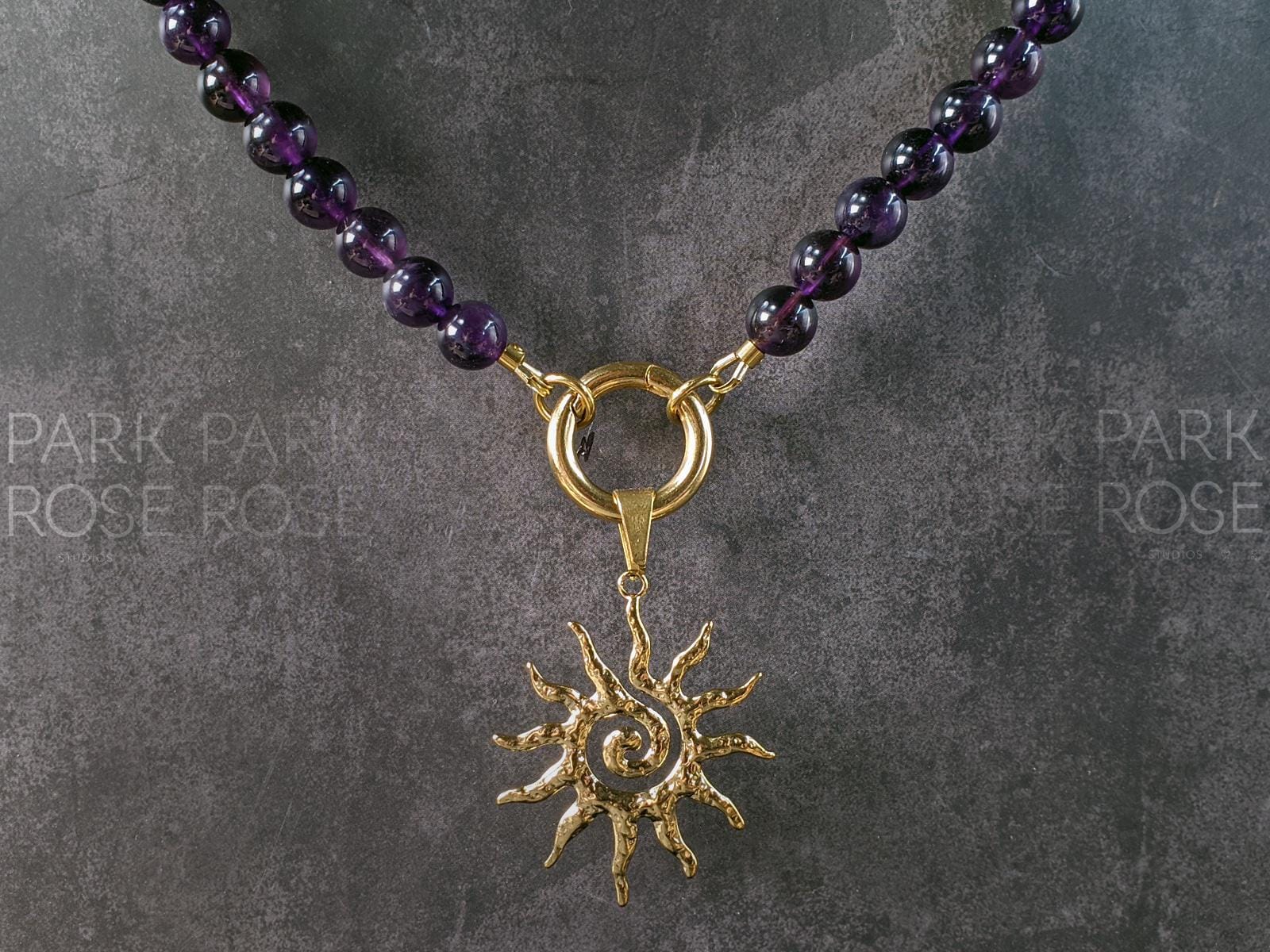 Sunburst Caribiner Necklace, Citrine or Amethyst, Sun Pendant