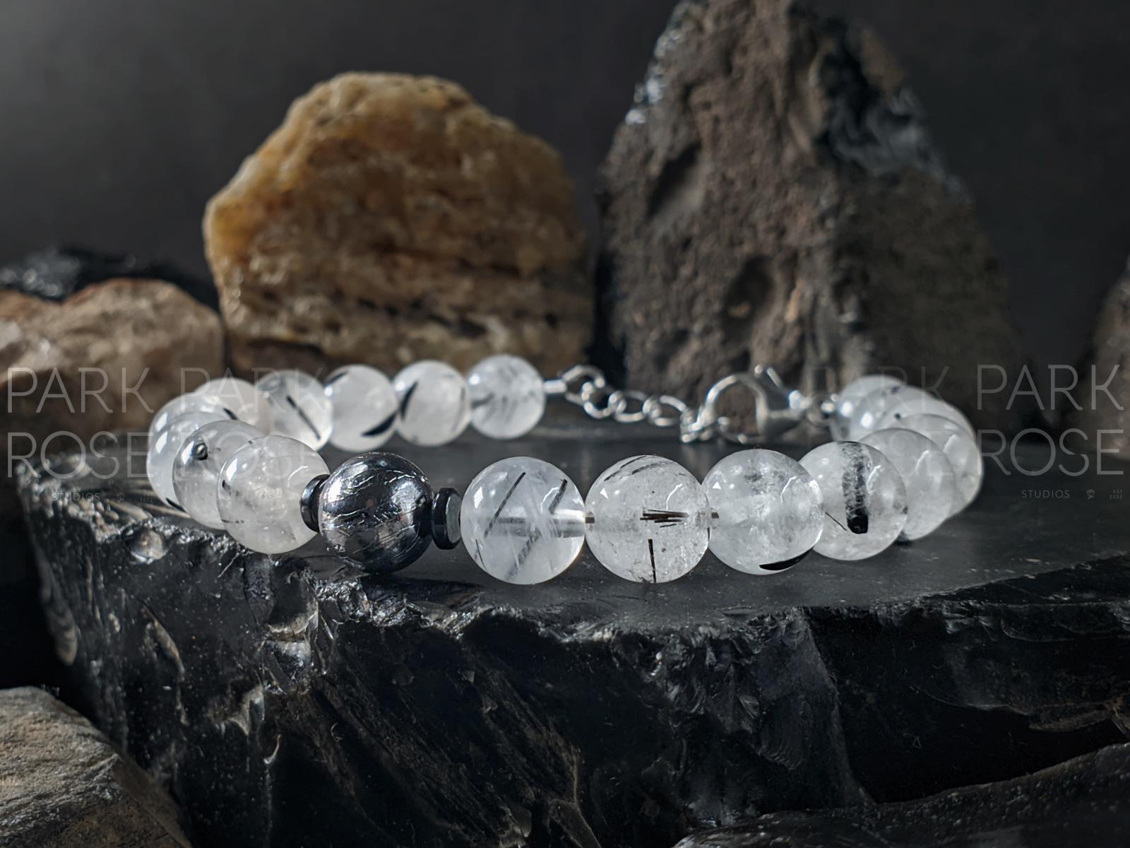 Natural Tourmalinated Quartz/Black Rutilated Quartz Meteorite Bracelet (8mm)