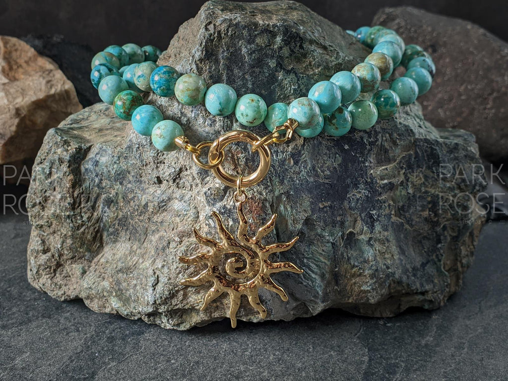 Peruvian Turquoise Carabiner Necklace: Stainless Steel Elephant Charm (8mm)