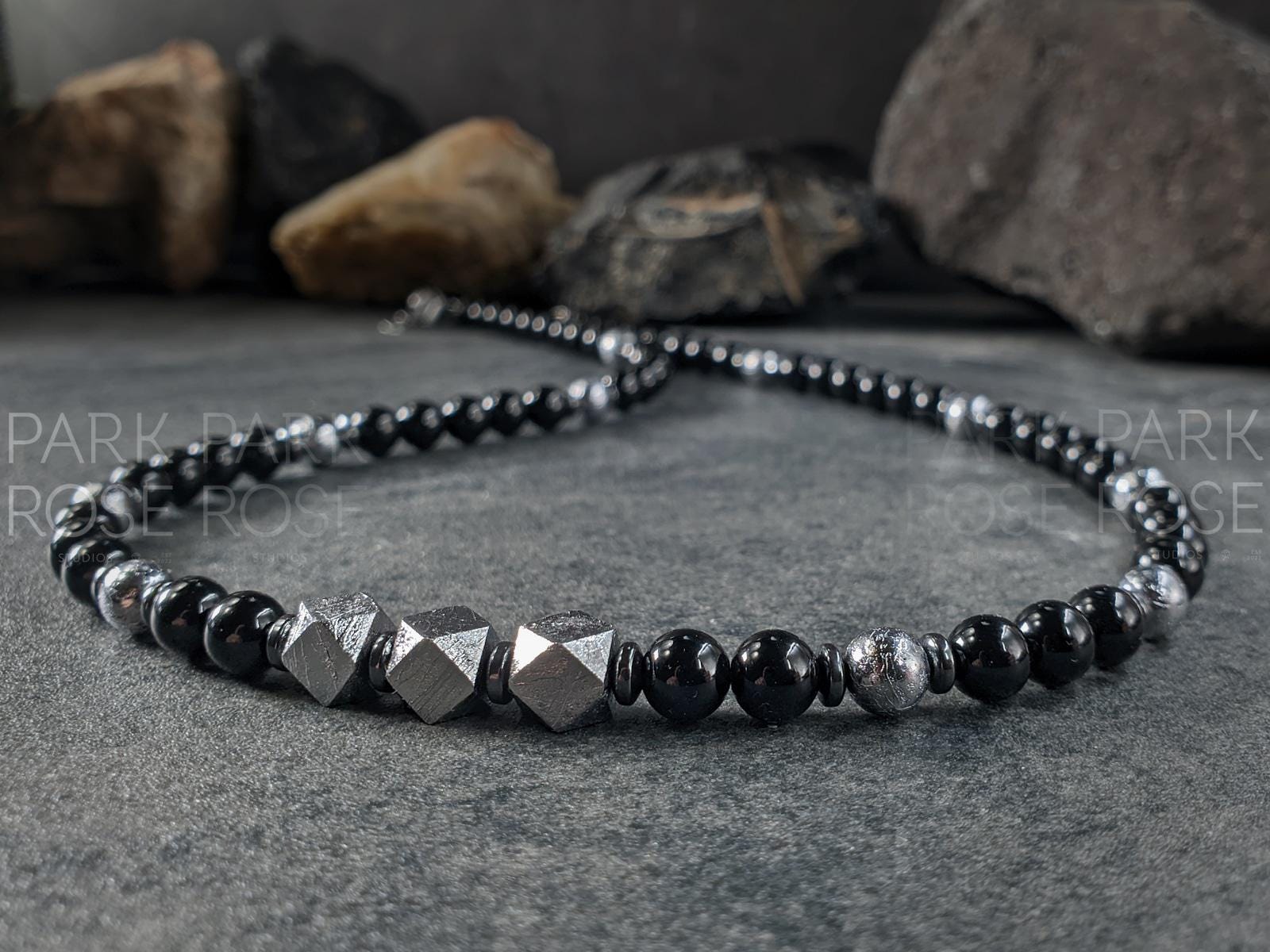 Brazil Black Tourmaline Gemstone Necklace: Gibeon Meteorite Beads (6mm)