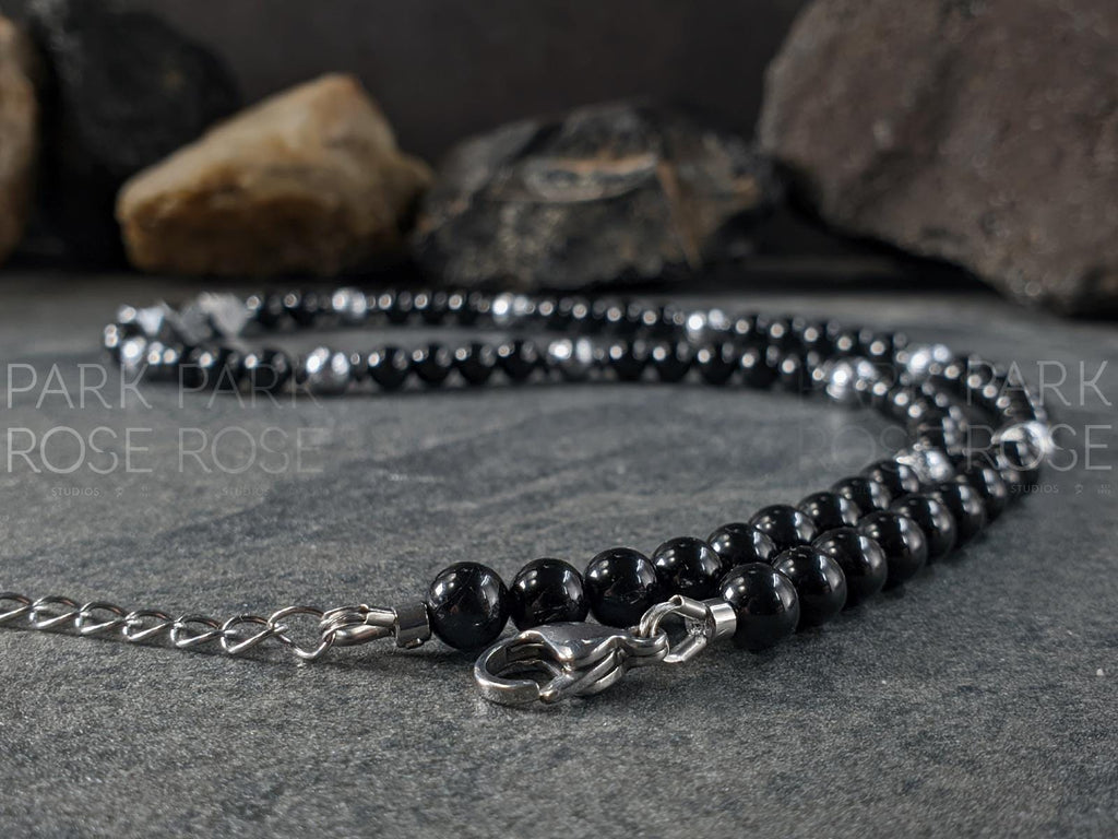 Brazil Black Tourmaline Gemstone Necklace: Gibeon Meteorite Beads (6mm)