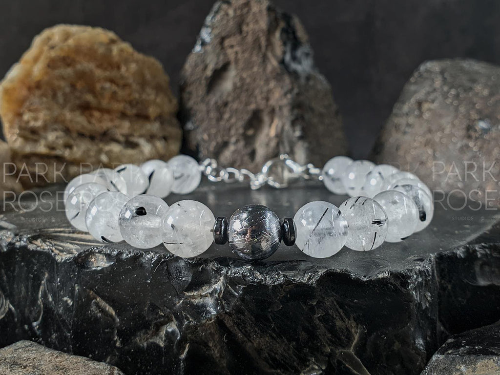 Natural Tourmalinated Quartz/Black Rutilated Quartz Meteorite Bracelet (8mm)