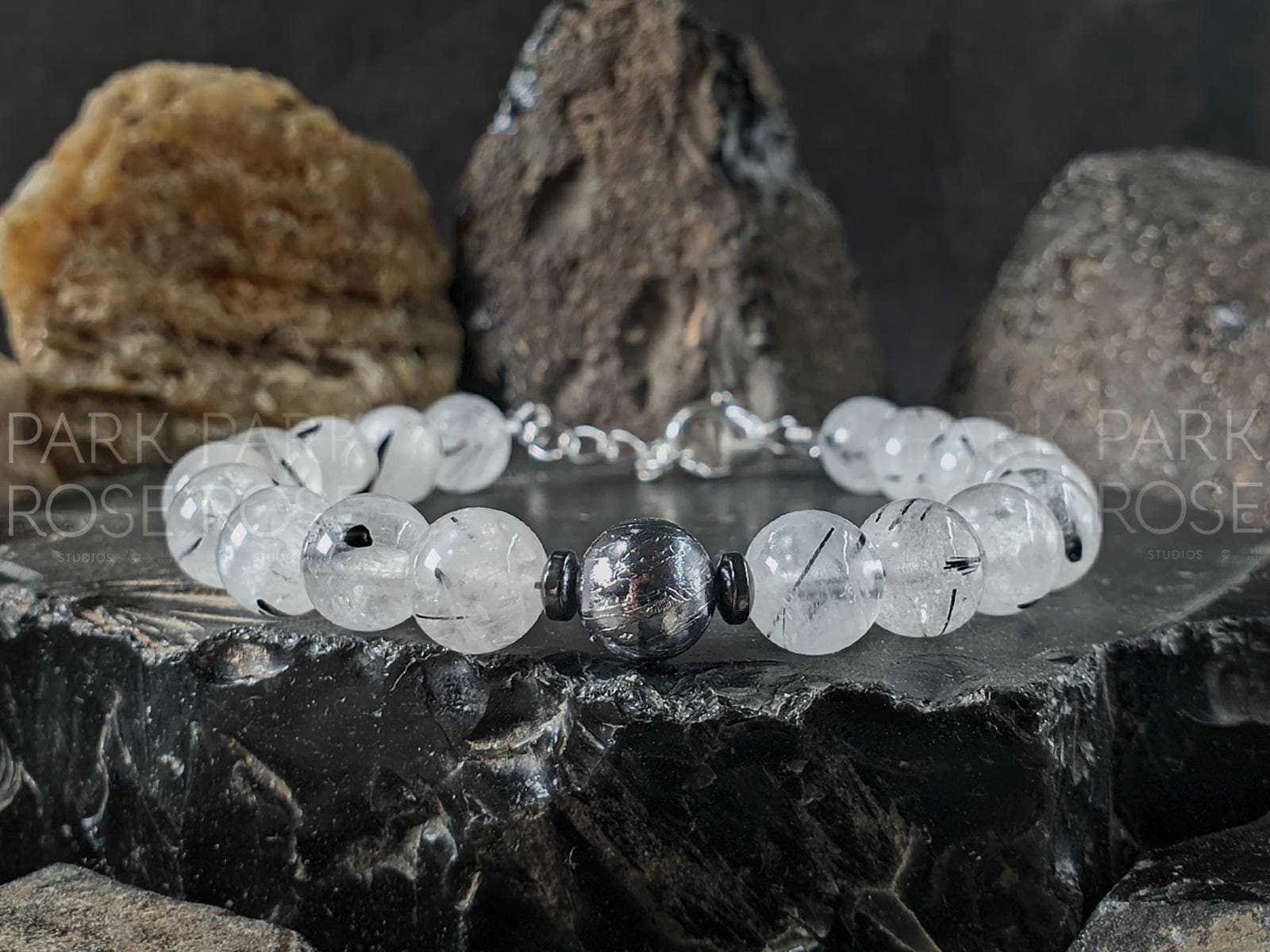 Natural Tourmalinated Quartz/Black Rutilated Quartz Meteorite Bracelet (8mm)