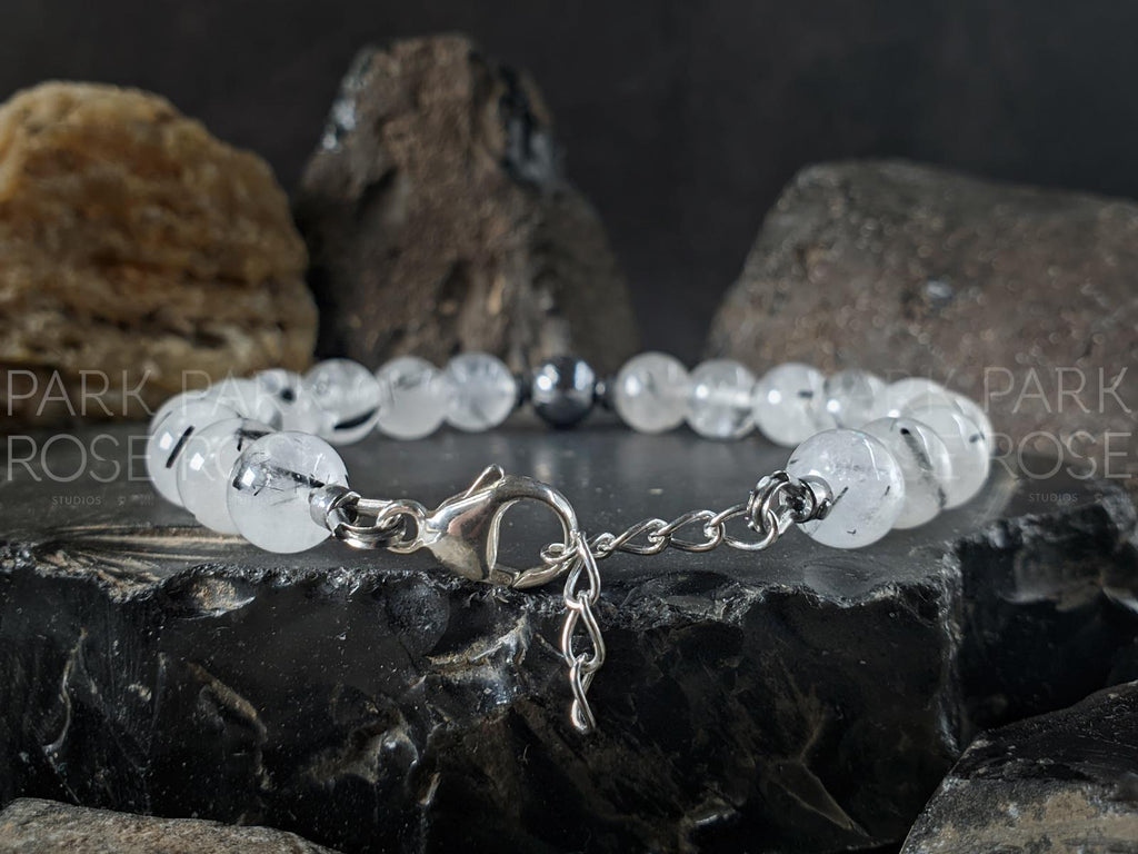 Natural Tourmalinated Quartz/Black Rutilated Quartz Meteorite Bracelet (8mm)